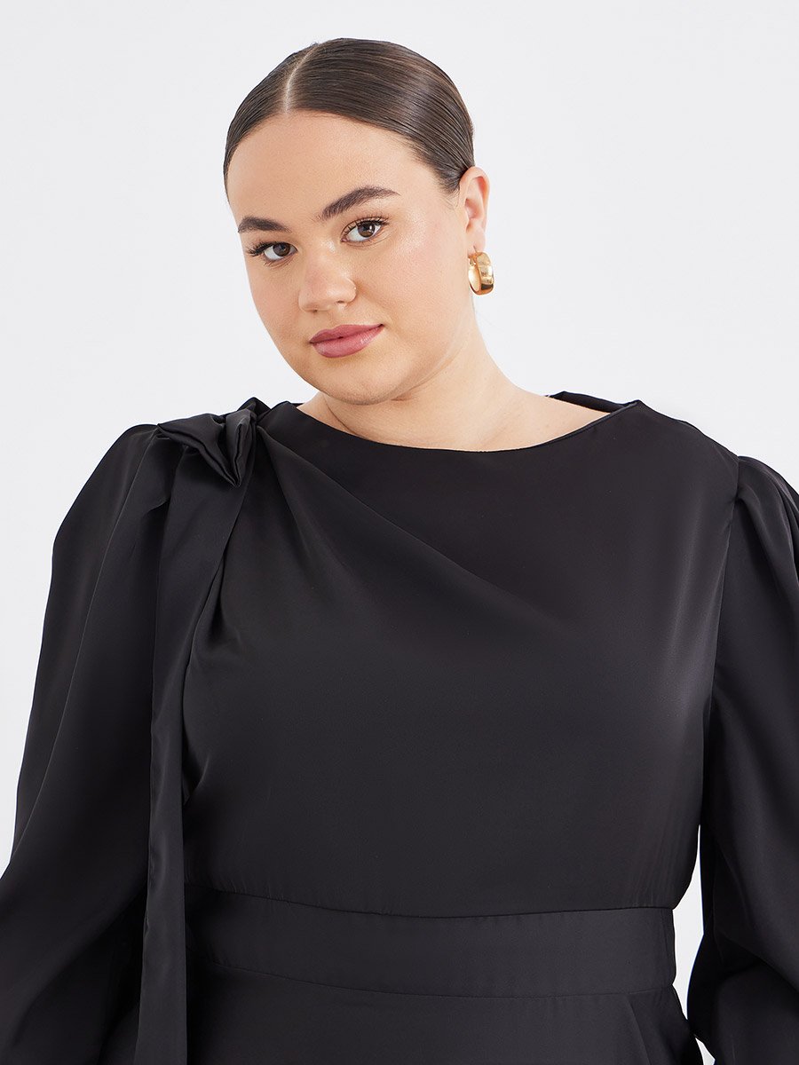 Plus Black Midi Dress with Shoulder Bow Detail