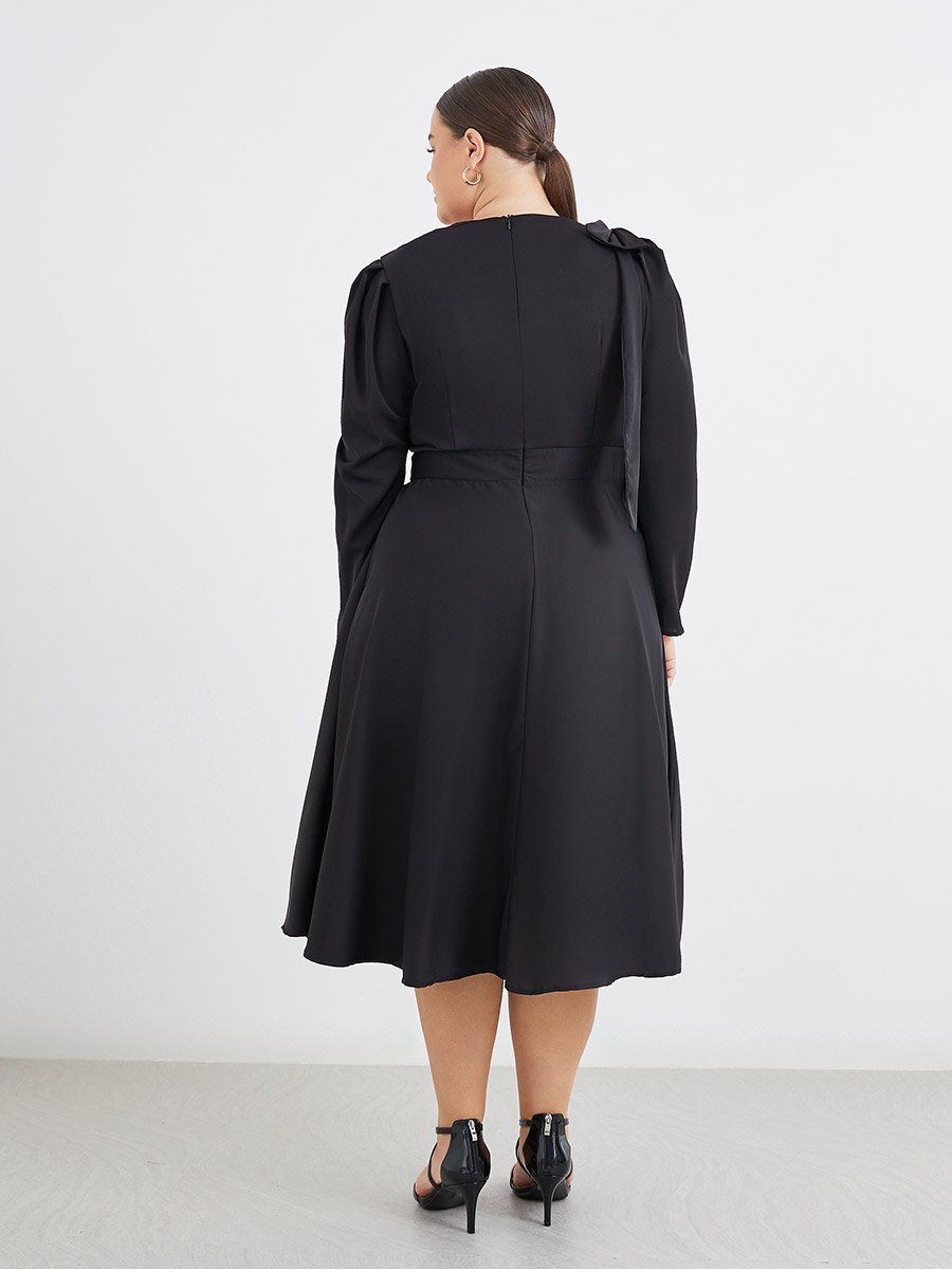 Plus Black Midi Dress with Shoulder Bow Detail