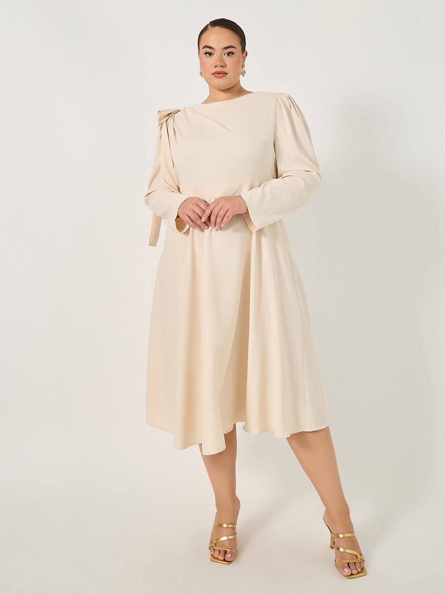 Plus Cream Midi Dress with Shoulder Bow Detail