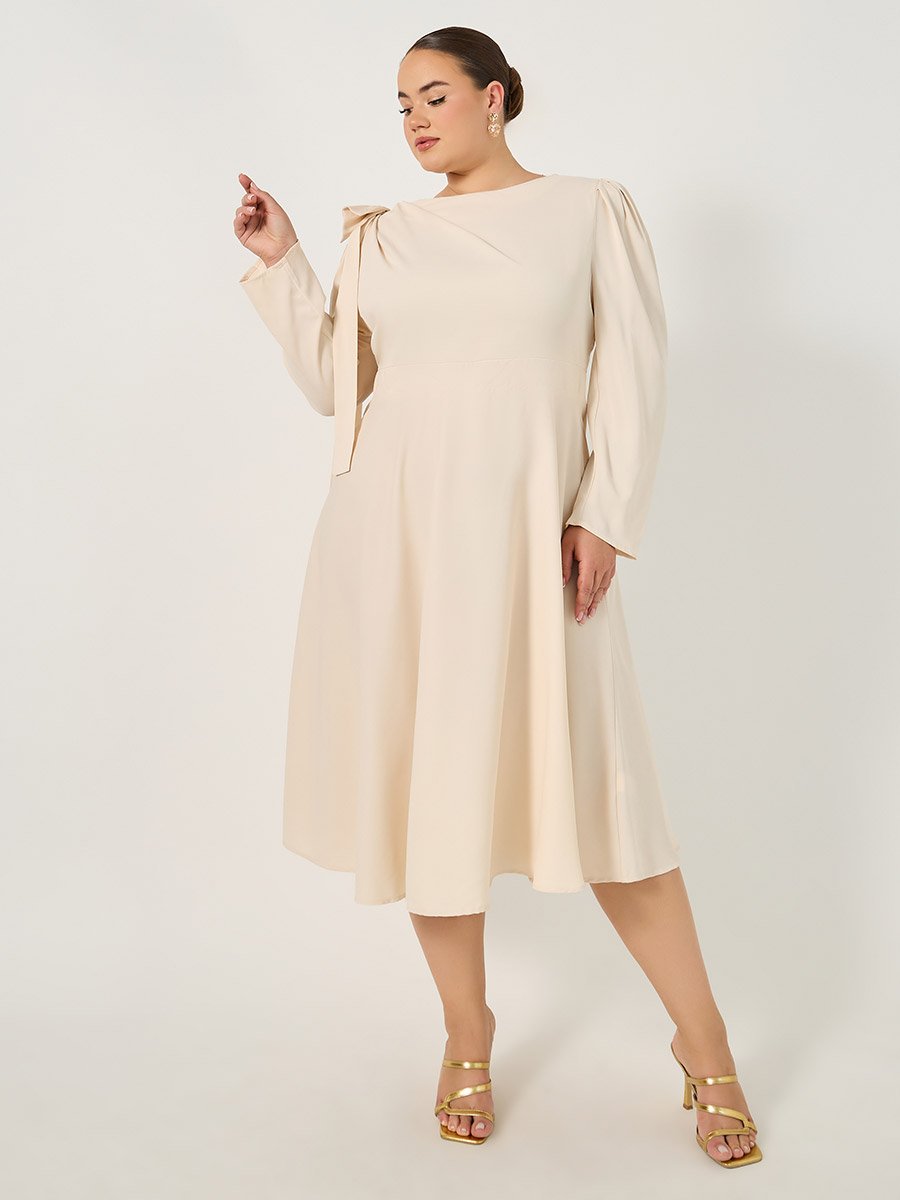 Plus Cream Midi Dress with Shoulder Bow Detail