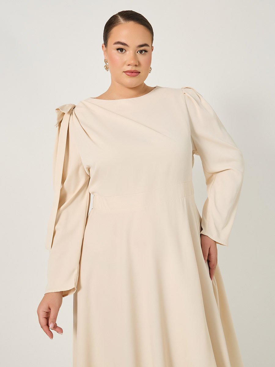 Plus Cream Midi Dress with Shoulder Bow Detail