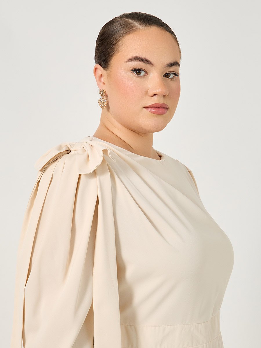 Plus Cream Midi Dress with Shoulder Bow Detail