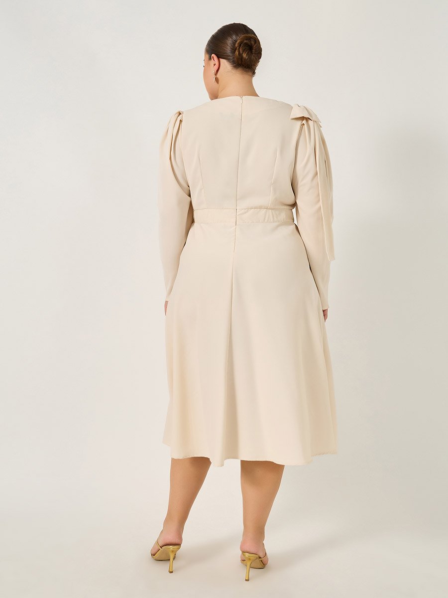 Plus Cream Midi Dress with Shoulder Bow Detail