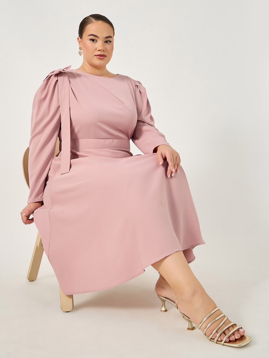 Plus Pink Midi Dress with Shoulder Bow Detail