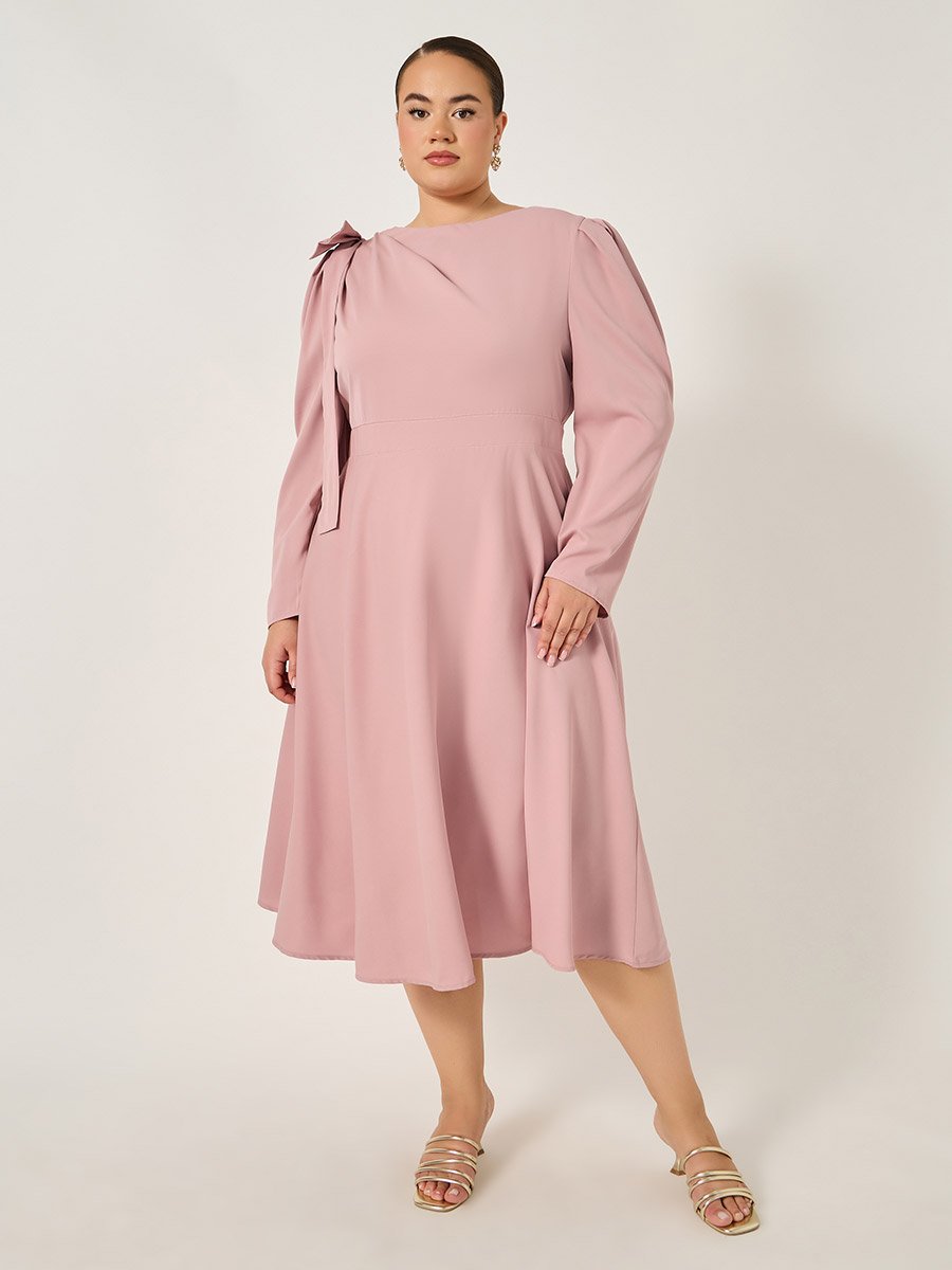 Plus Pink Midi Dress with Shoulder Bow Detail