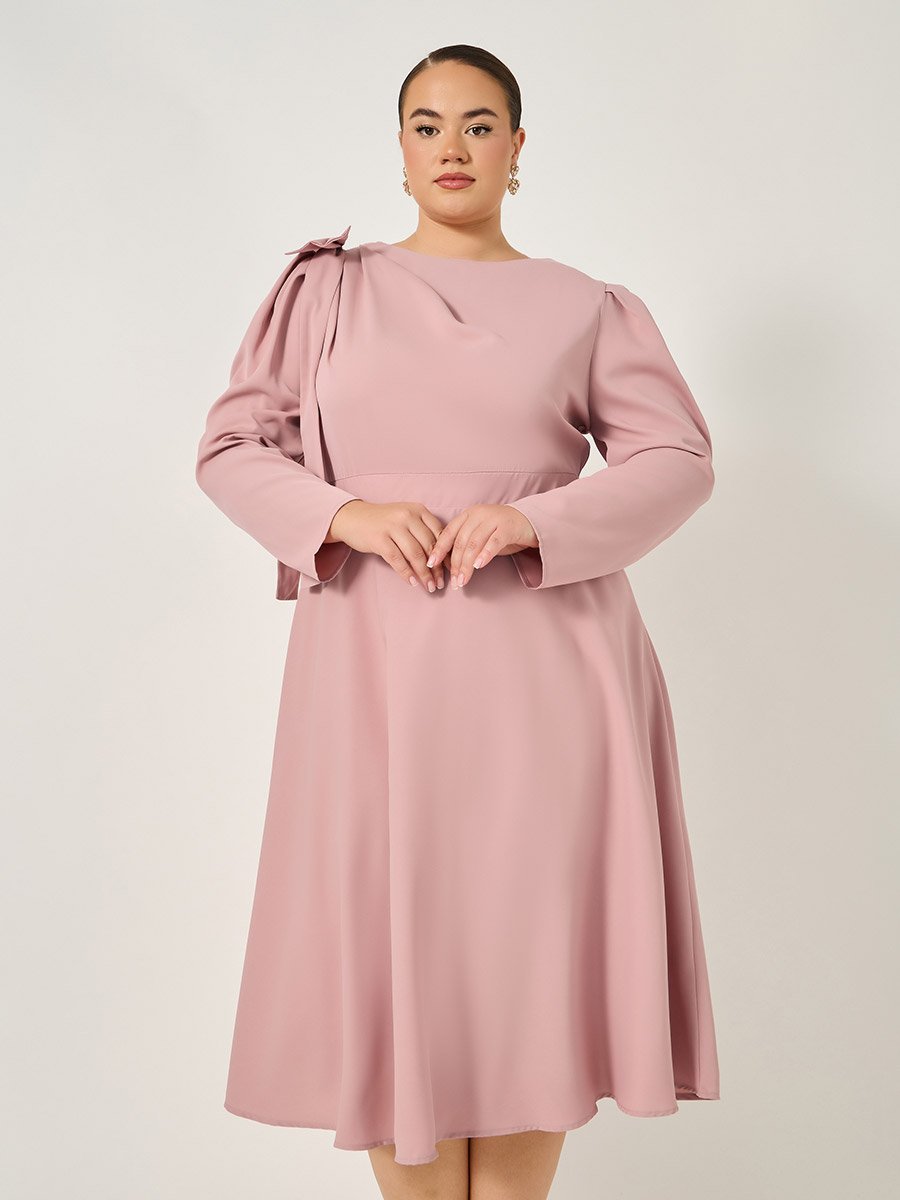 Plus Pink Midi Dress with Shoulder Bow Detail