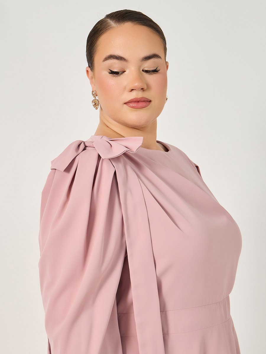 Plus Pink Midi Dress with Shoulder Bow Detail