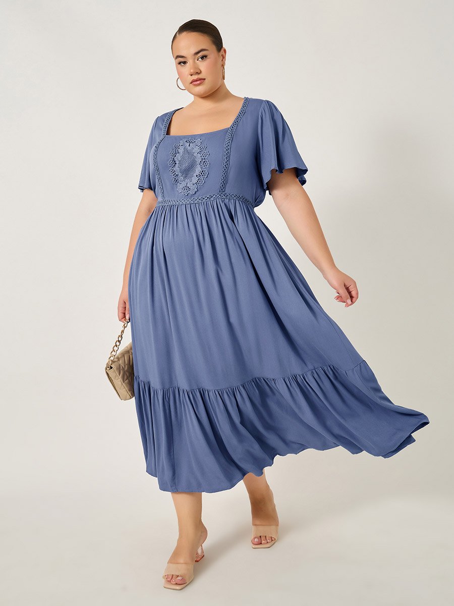 Plus Size Embroidered Square Neck A-Line Maxi Dress For Women at Kuwait