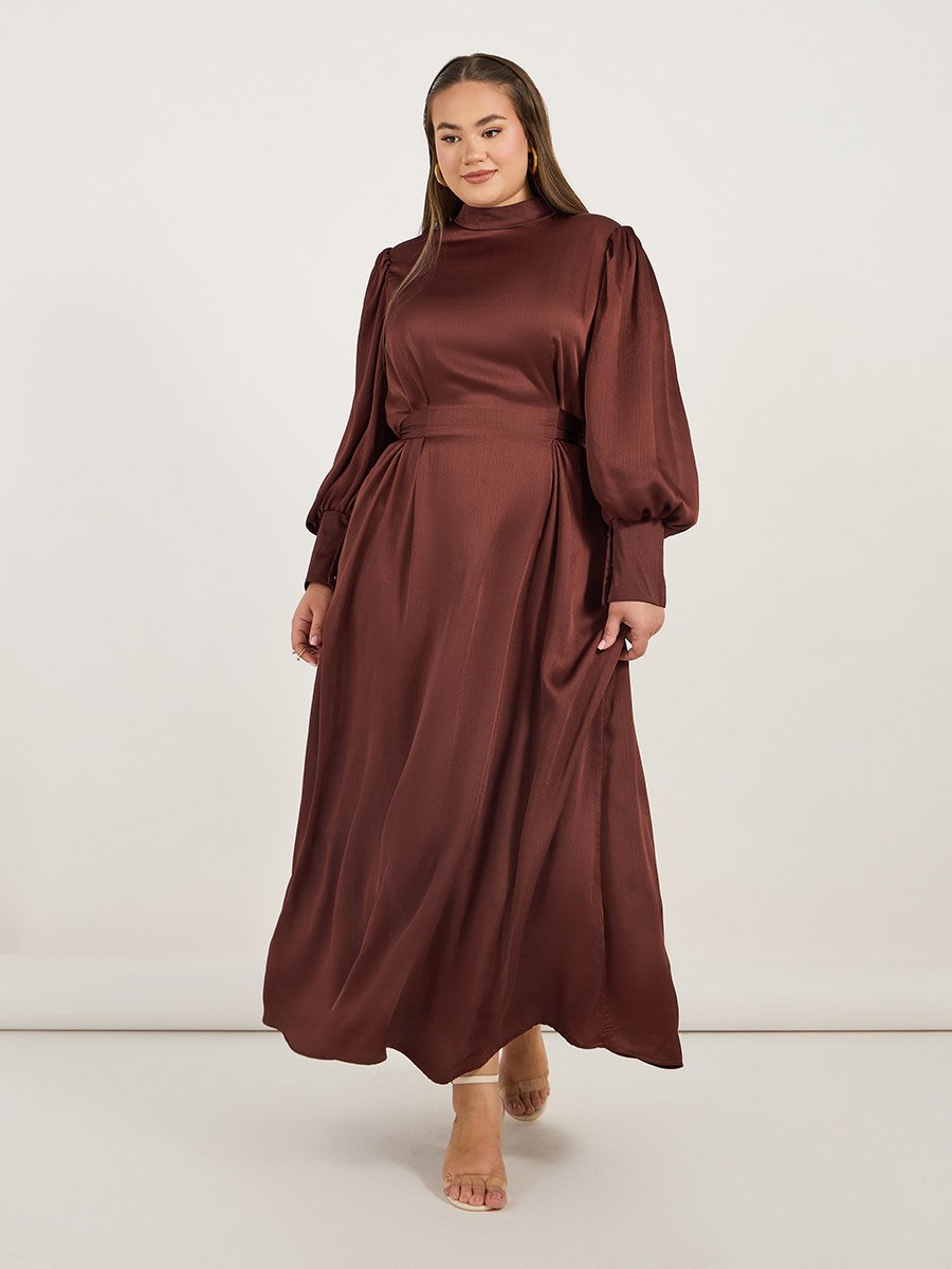 Plus Size Satin Look Long Sleeves A-Line Maxi Dress with Pleated Detail