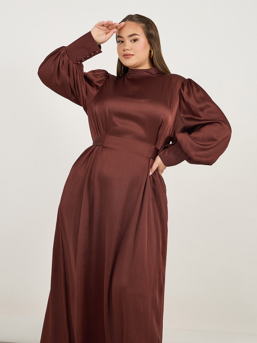 Plus Size Satin Look Long Sleeves A-Line Maxi Dress with Pleated Detail