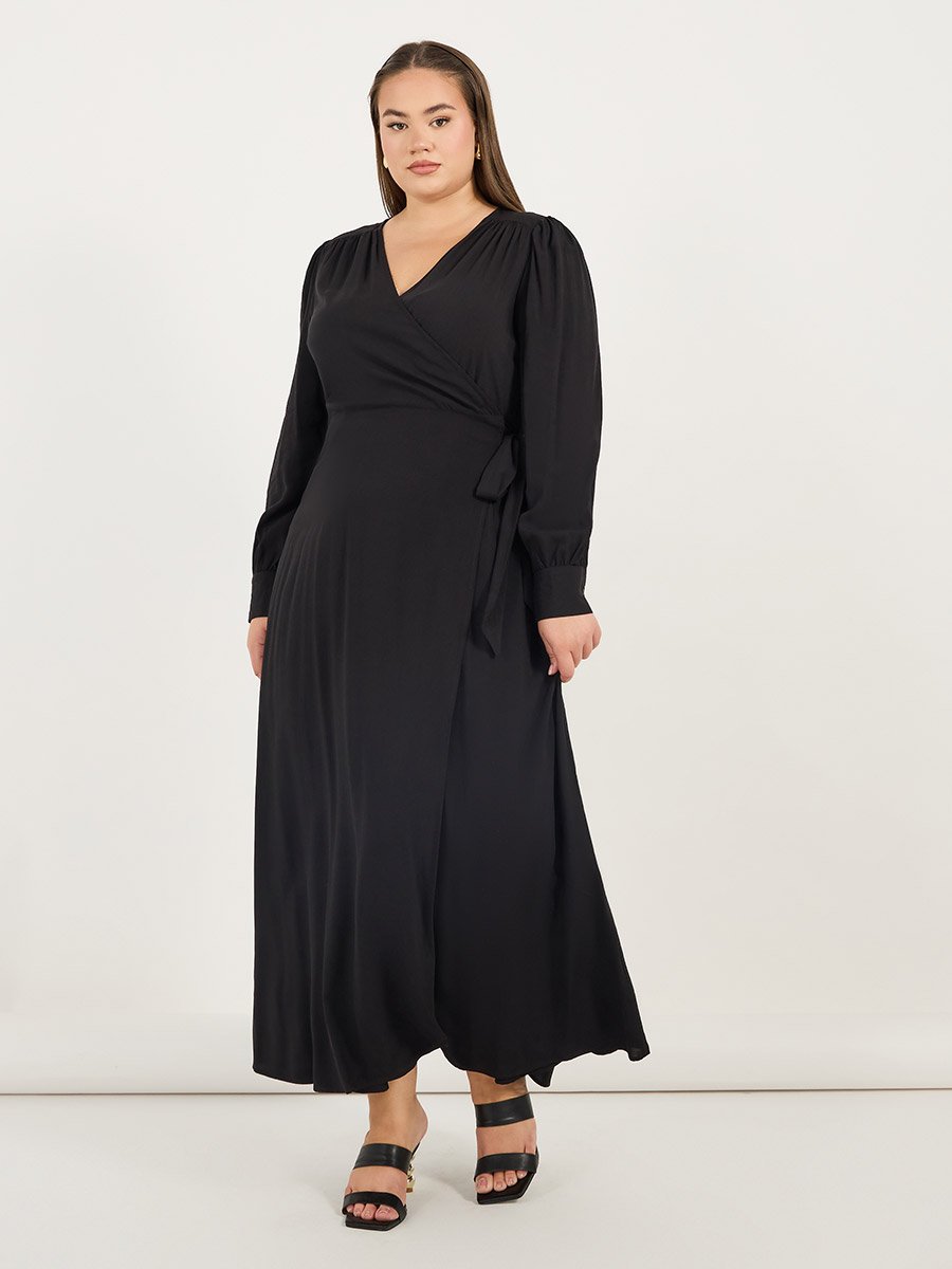 Plus Size Solid Wrap Front A-Line Maxi Dress