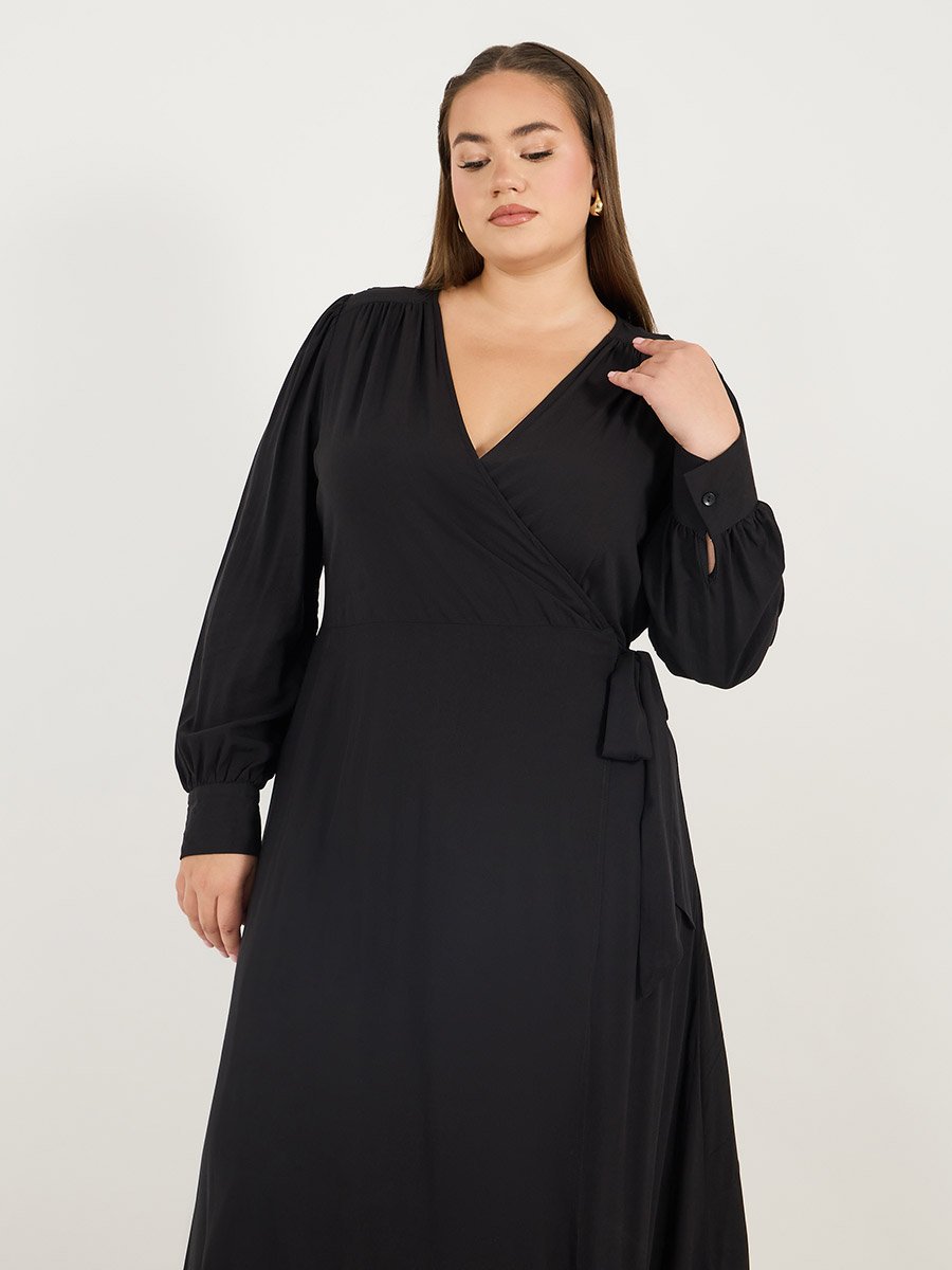 Plus Size Solid Wrap Front A-Line Maxi Dress