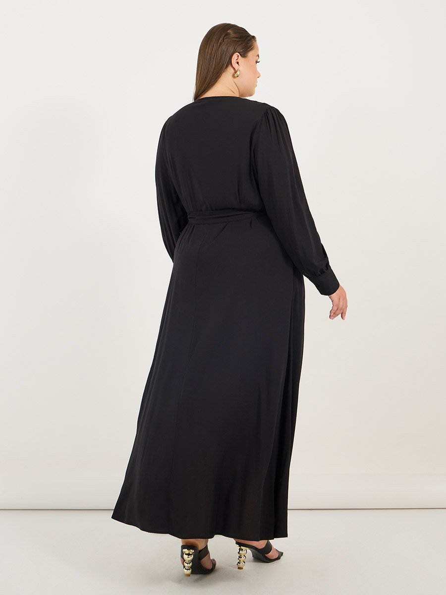 Plus Size Solid Wrap Front A-Line Maxi Dress