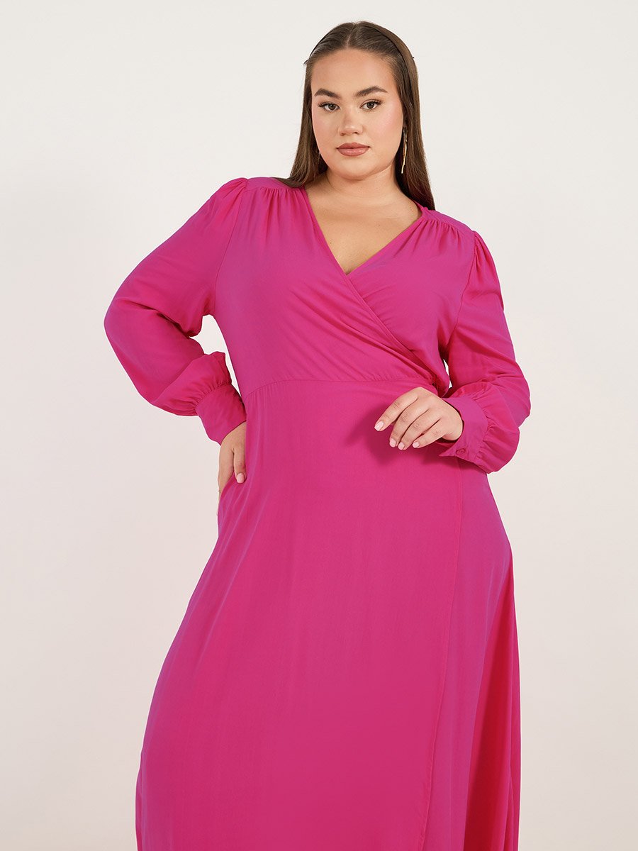 Plus Size Solid Wrap Front A-Line Maxi Dress