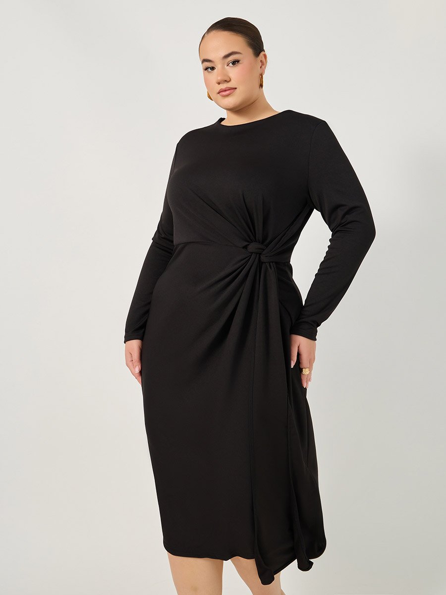 Plus Size Draped Tie Waist Detail A-Line Midi Dress
