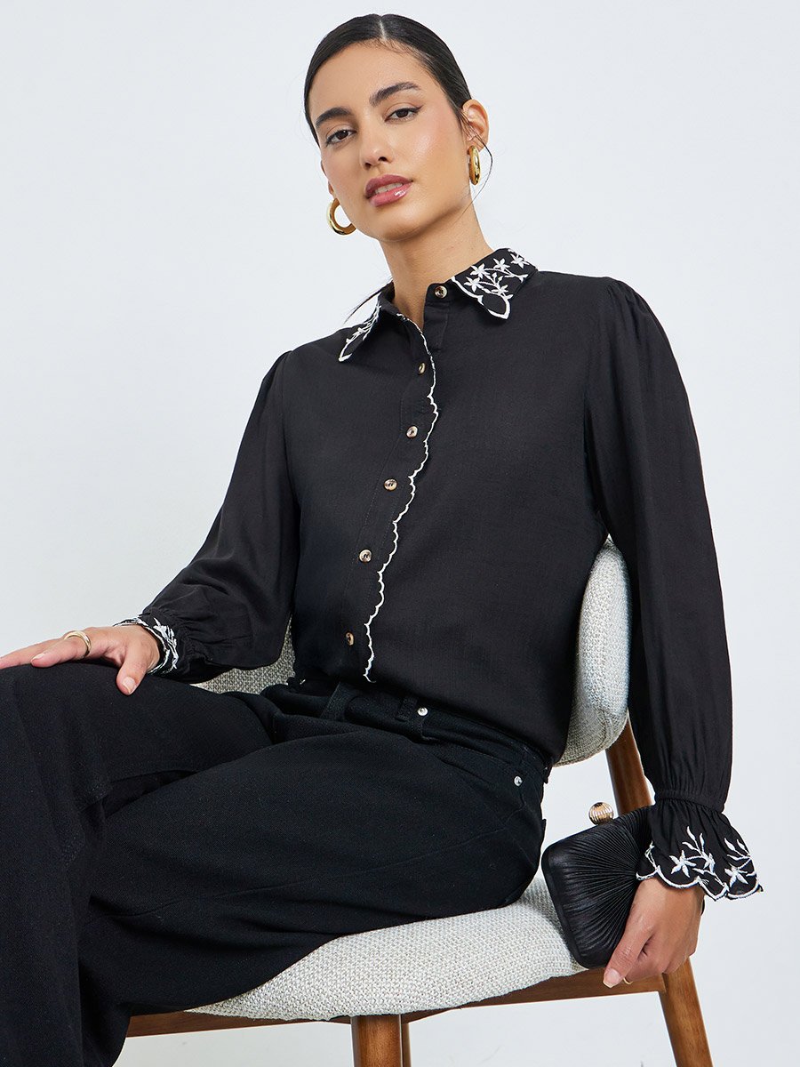 Black Embroidered Trim Spread Collar Shirt