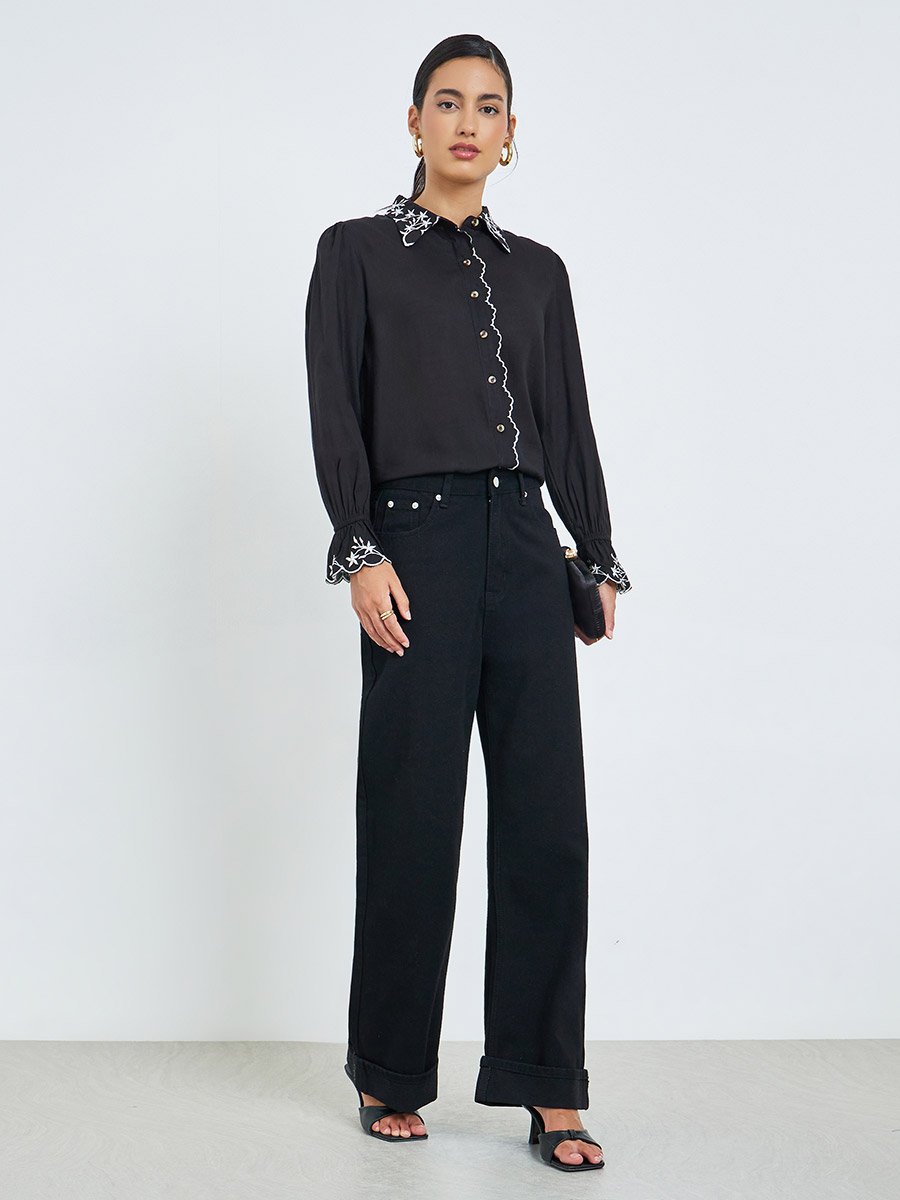 Black Embroidered Trim Spread Collar Shirt