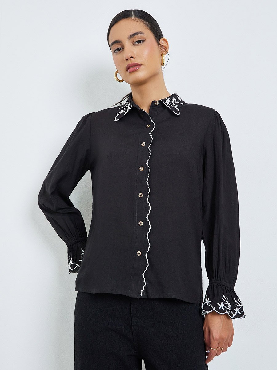 Black Embroidered Trim Spread Collar Shirt