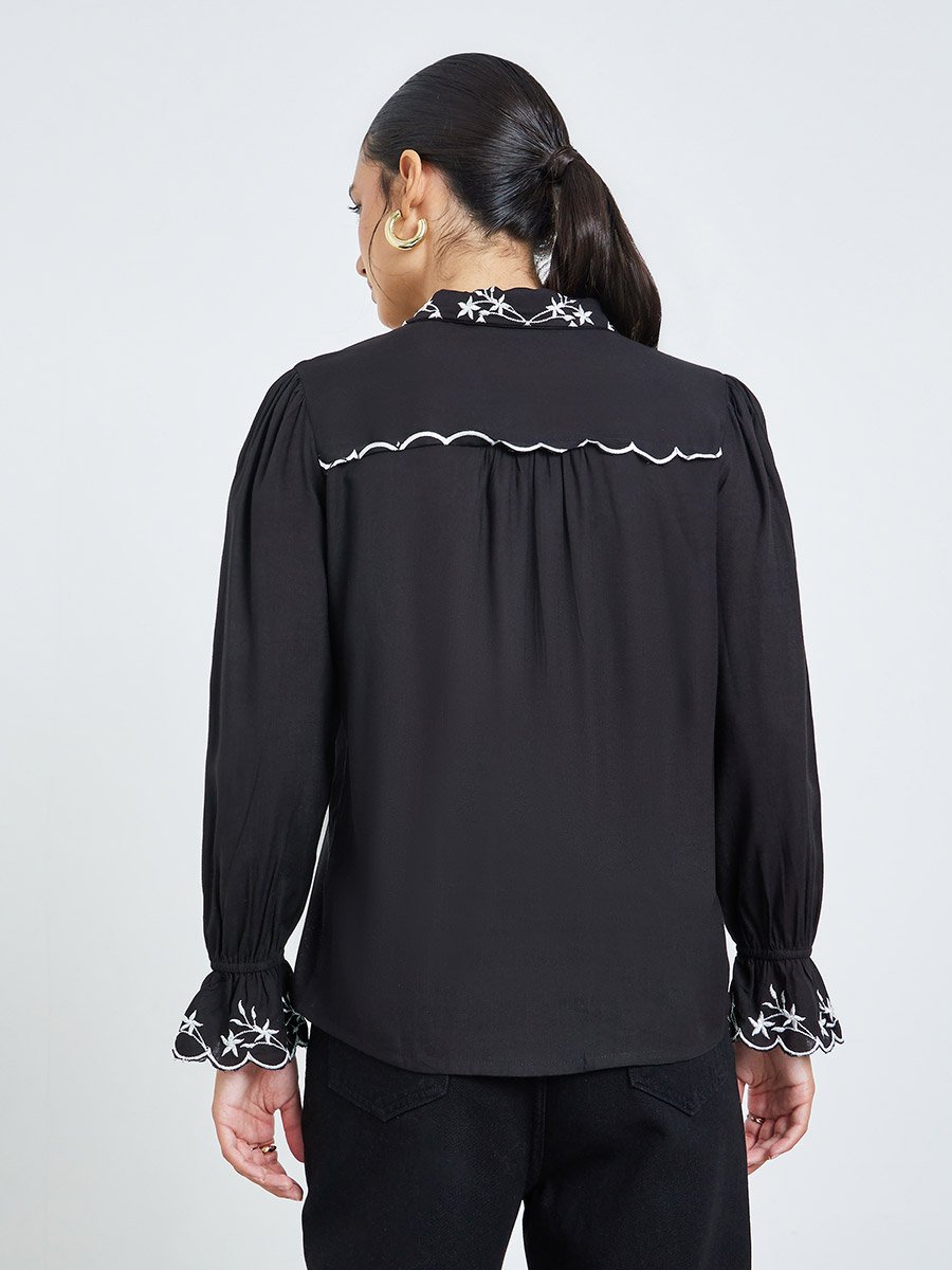 Black Embroidered Trim Spread Collar Shirt