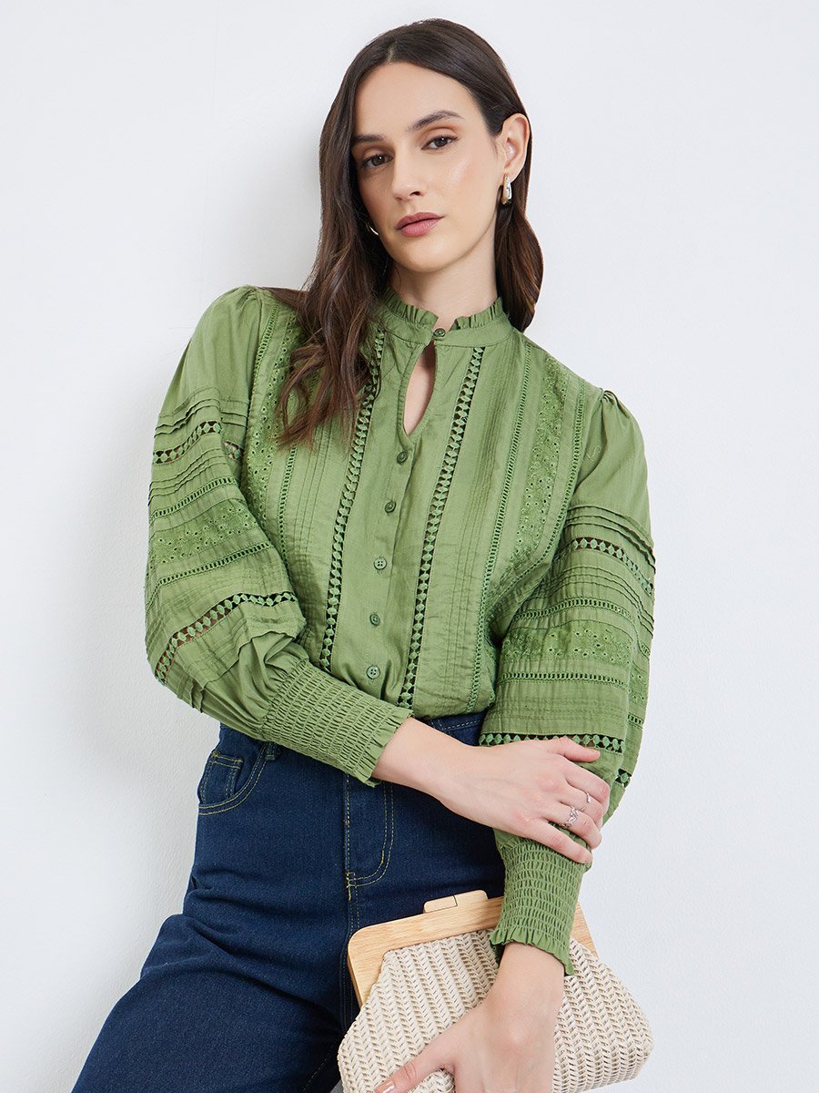 Long Sleeve Cotton Blouse with Schiffli and Lace Detail