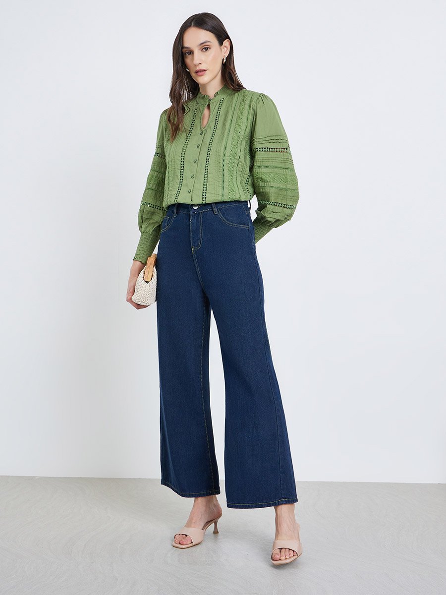 Long Sleeve Cotton Blouse with Schiffli and Lace Detail