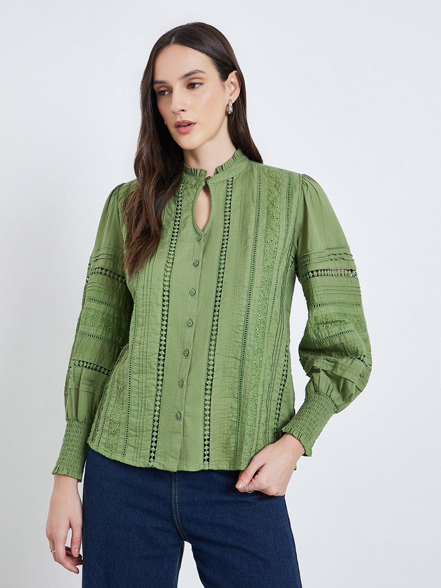 Long Sleeve Cotton Blouse with Schiffli and Lace Detail