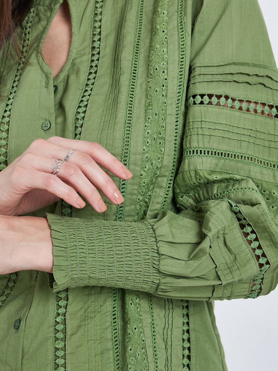 Long Sleeve Cotton Blouse with Schiffli and Lace Detail