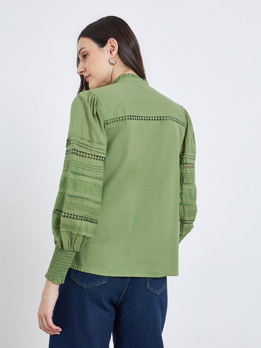 Long Sleeve Cotton Blouse with Schiffli and Lace Detail