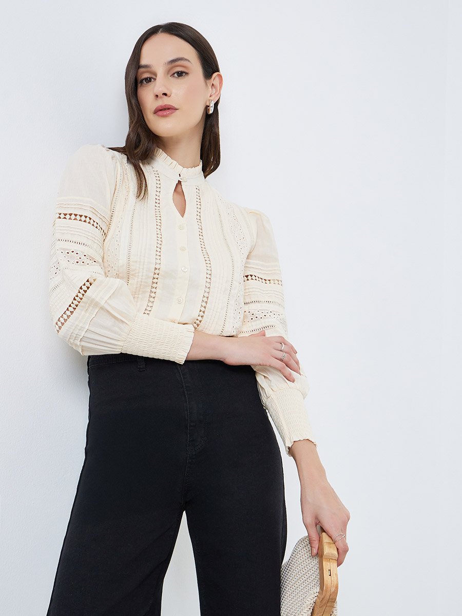 Long Sleeve Cotton Blouse with Schiffli and lace Detail