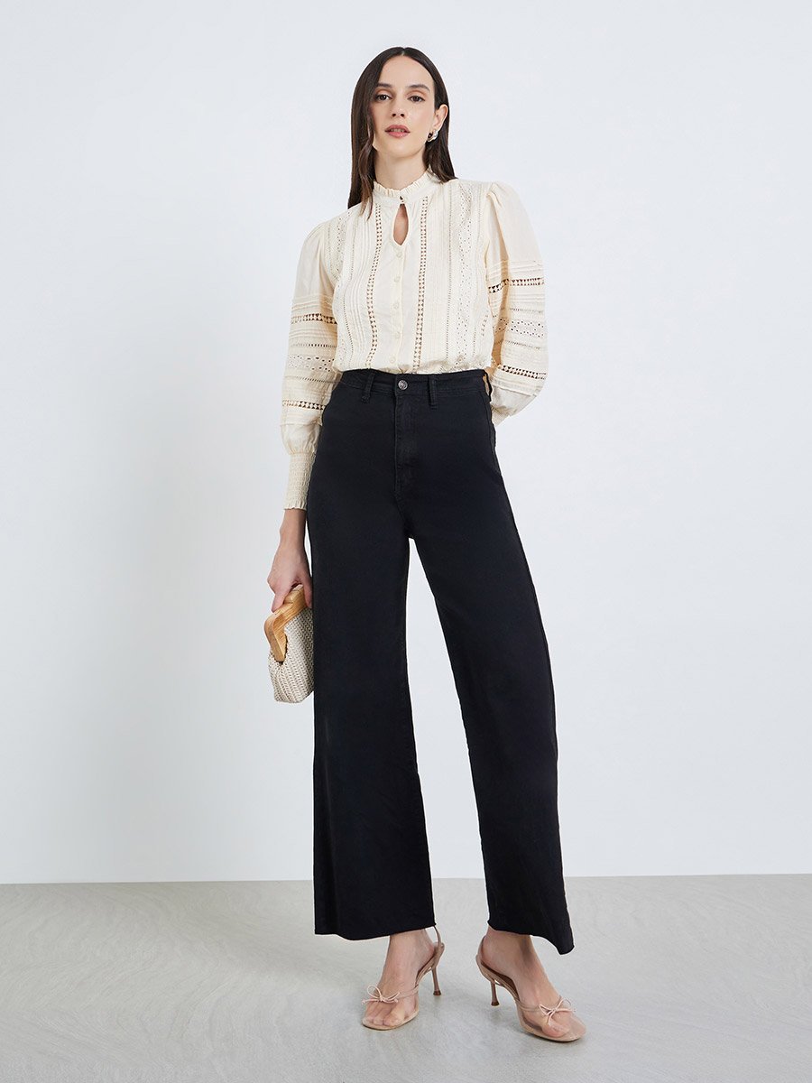 Long Sleeve Cotton Blouse with Schiffli and lace Detail