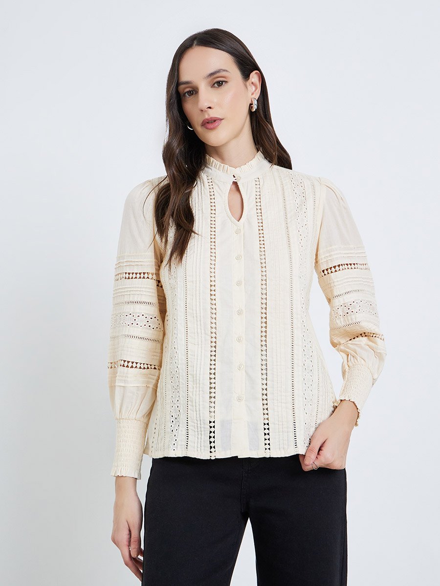 Long Sleeve Cotton Blouse with Schiffli and lace Detail