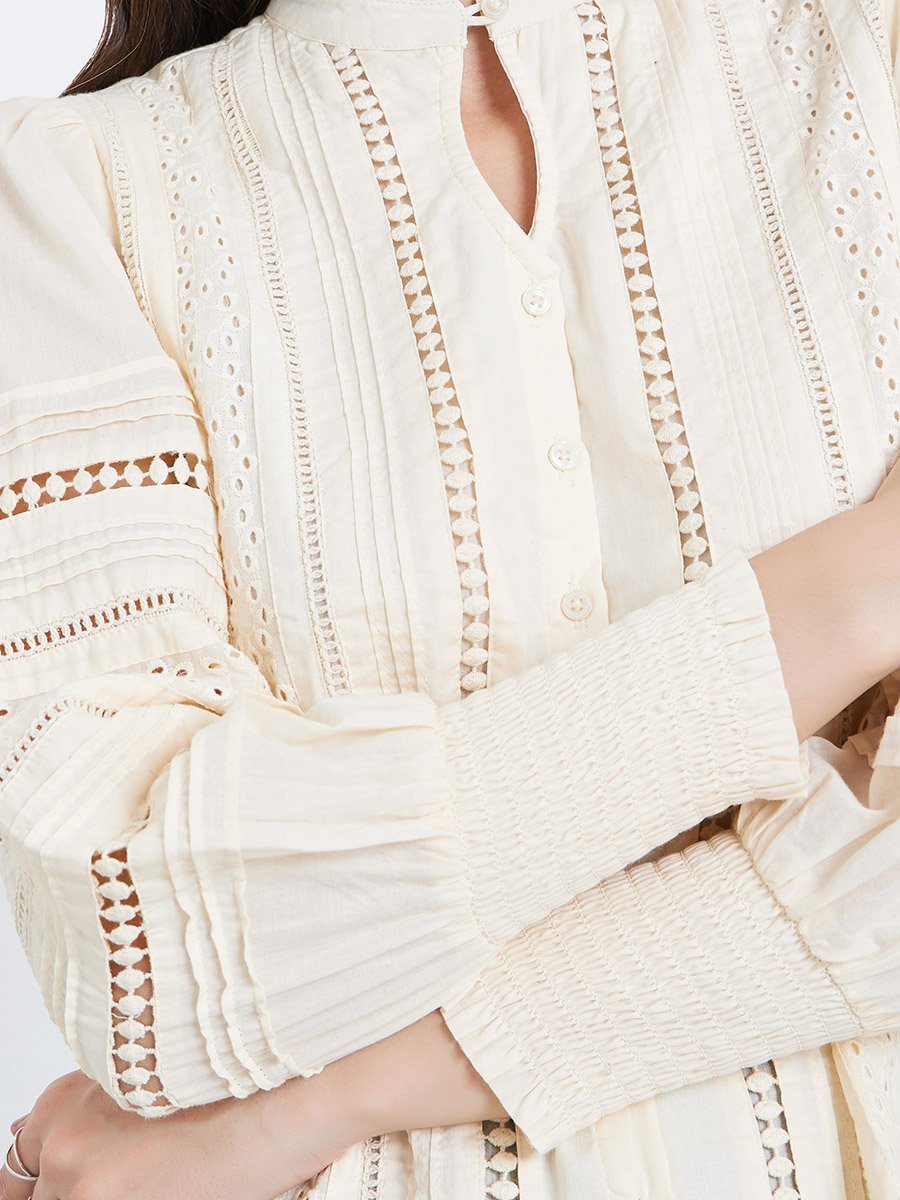 Long Sleeve Cotton Blouse with Schiffli and lace Detail