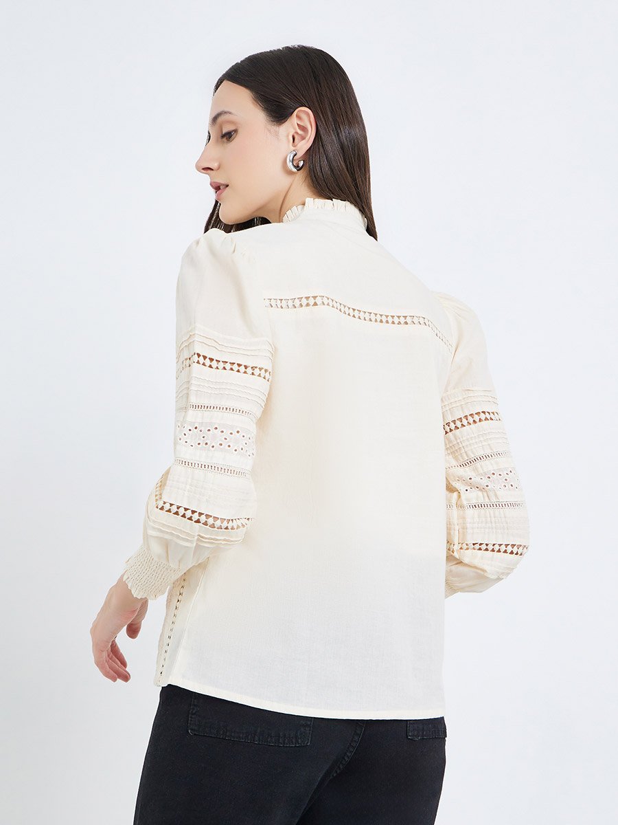 Long Sleeve Cotton Blouse with Schiffli and lace Detail