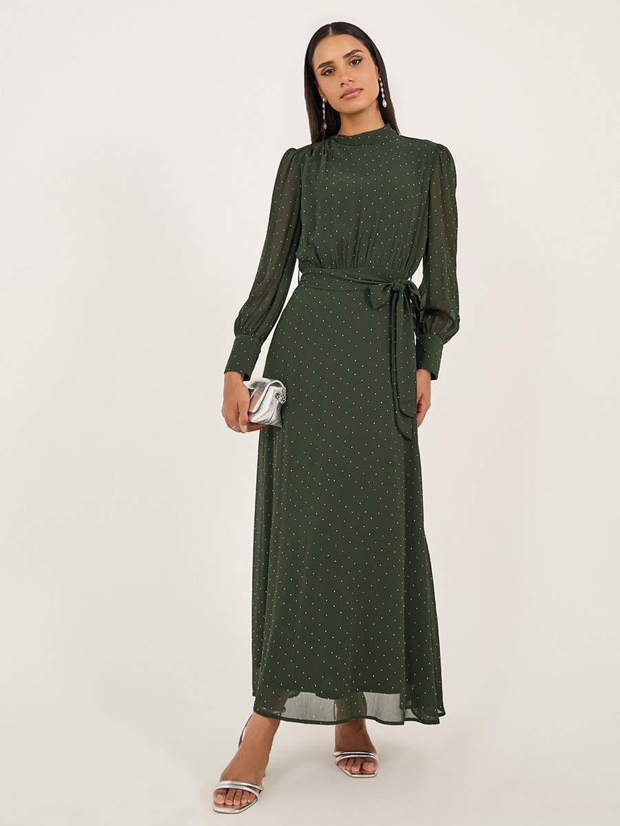 Embellished Balloon Sleeves A-Line Maxi Dress with Tie Up
