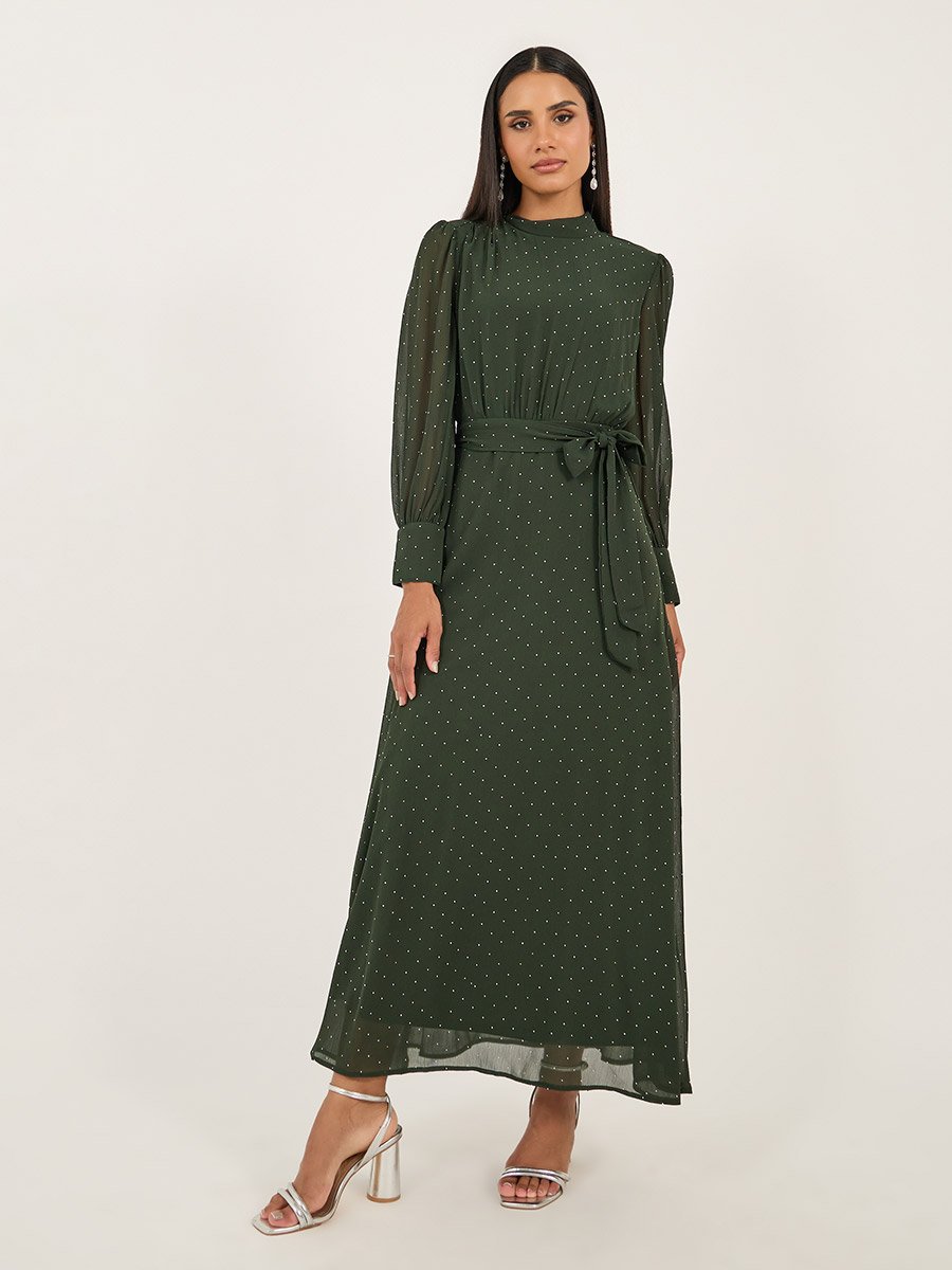 Embellished Balloon Sleeves A-Line Maxi Dress with Tie Up