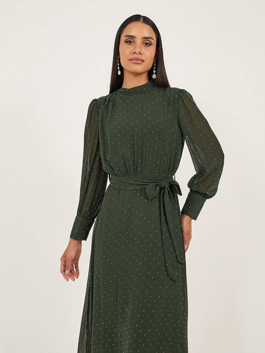 Embellished Balloon Sleeves A-Line Maxi Dress with Tie Up