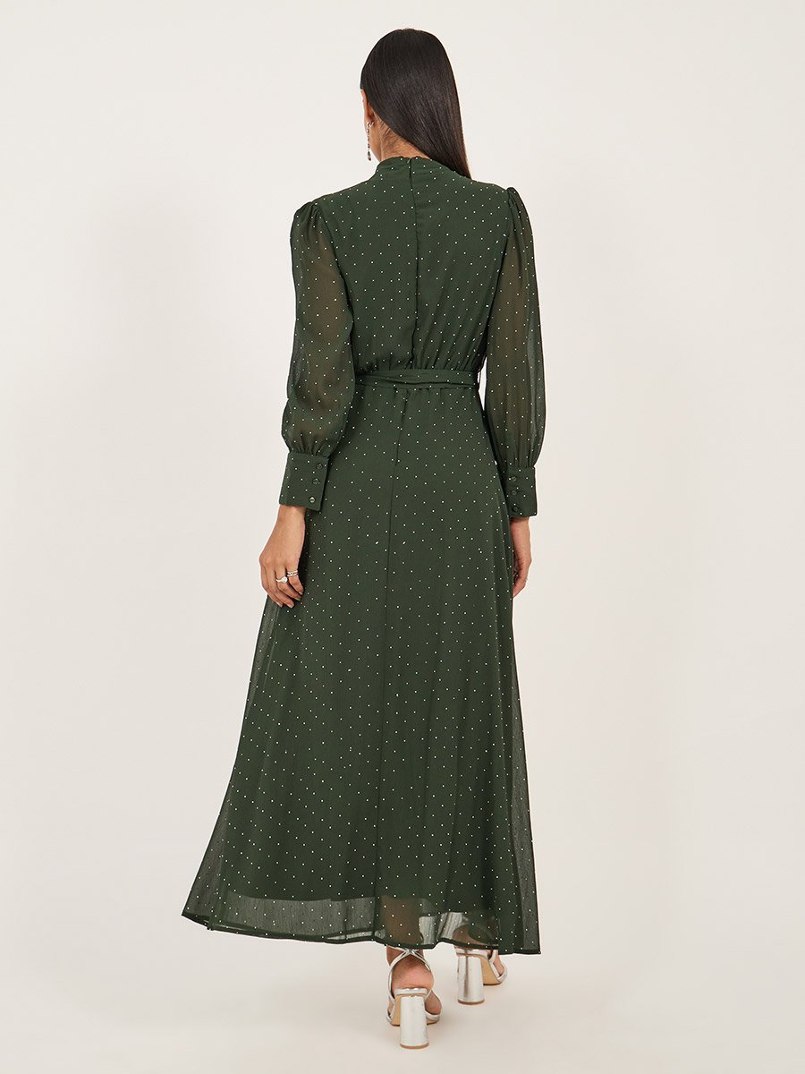 Embellished Balloon Sleeves A-Line Maxi Dress with Tie Up