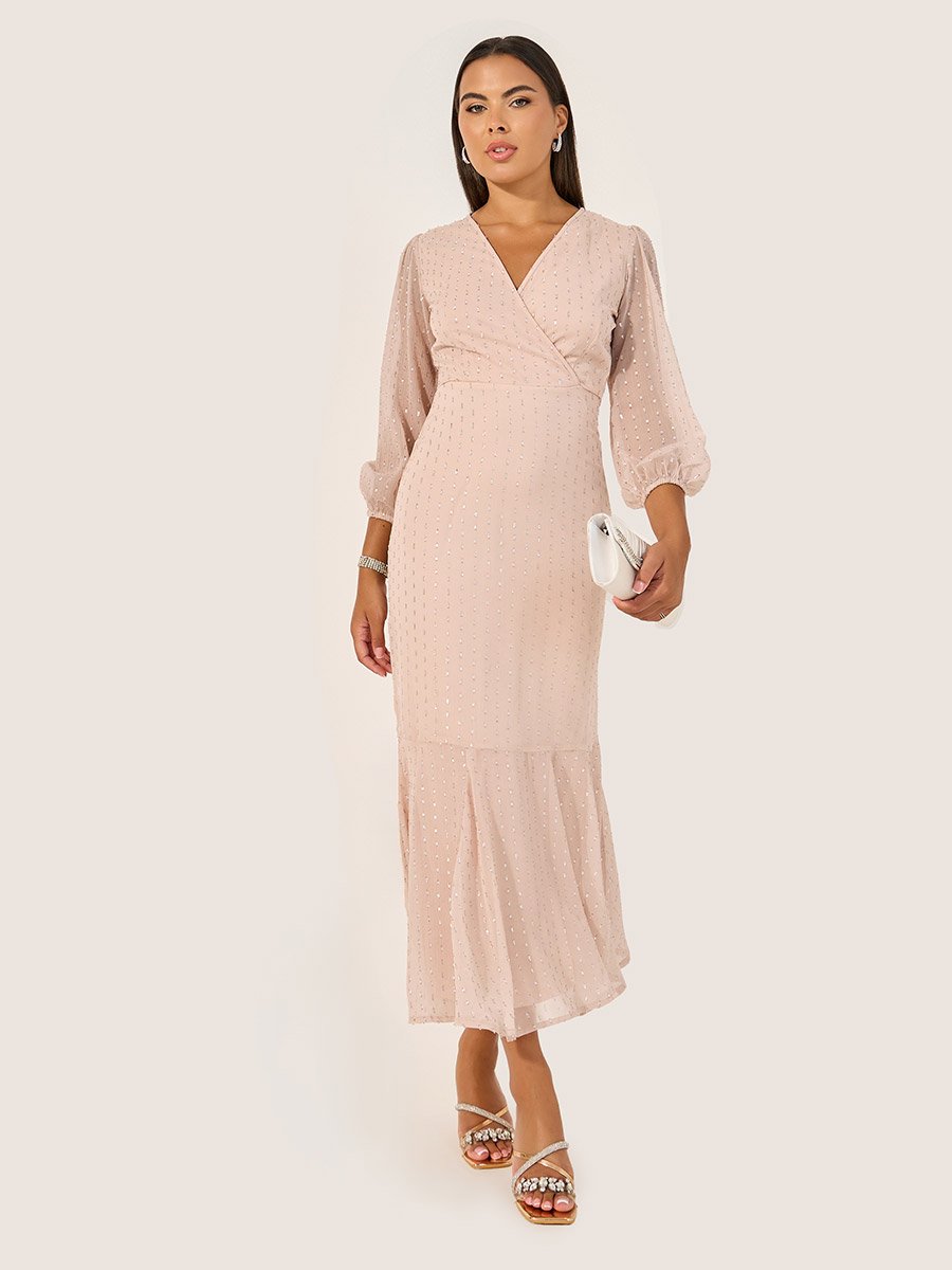 Dobby Design Balloon Sleeves Mermaid Maxi Dress