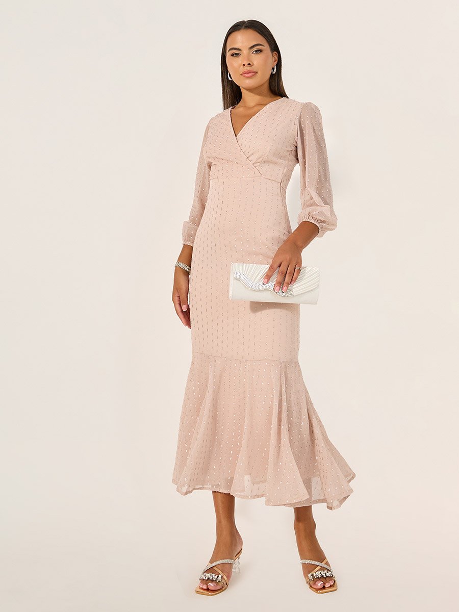 Dobby Design Balloon Sleeves Mermaid Maxi Dress