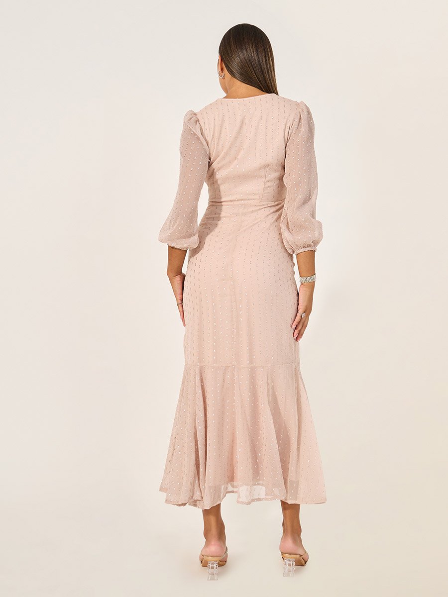 Dobby Design Balloon Sleeves Mermaid Maxi Dress