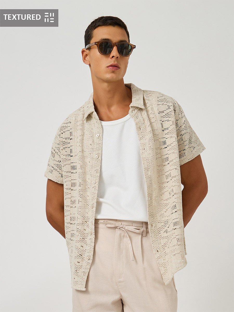 Textured Crochet Regular Fit Spread Collar Shirt