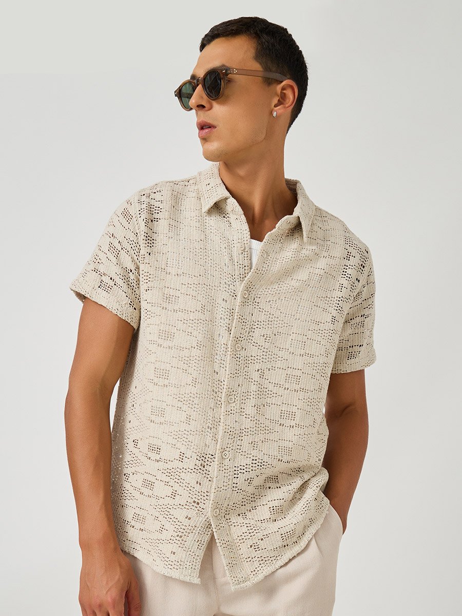 Textured Crochet Regular Fit Spread Collar Shirt