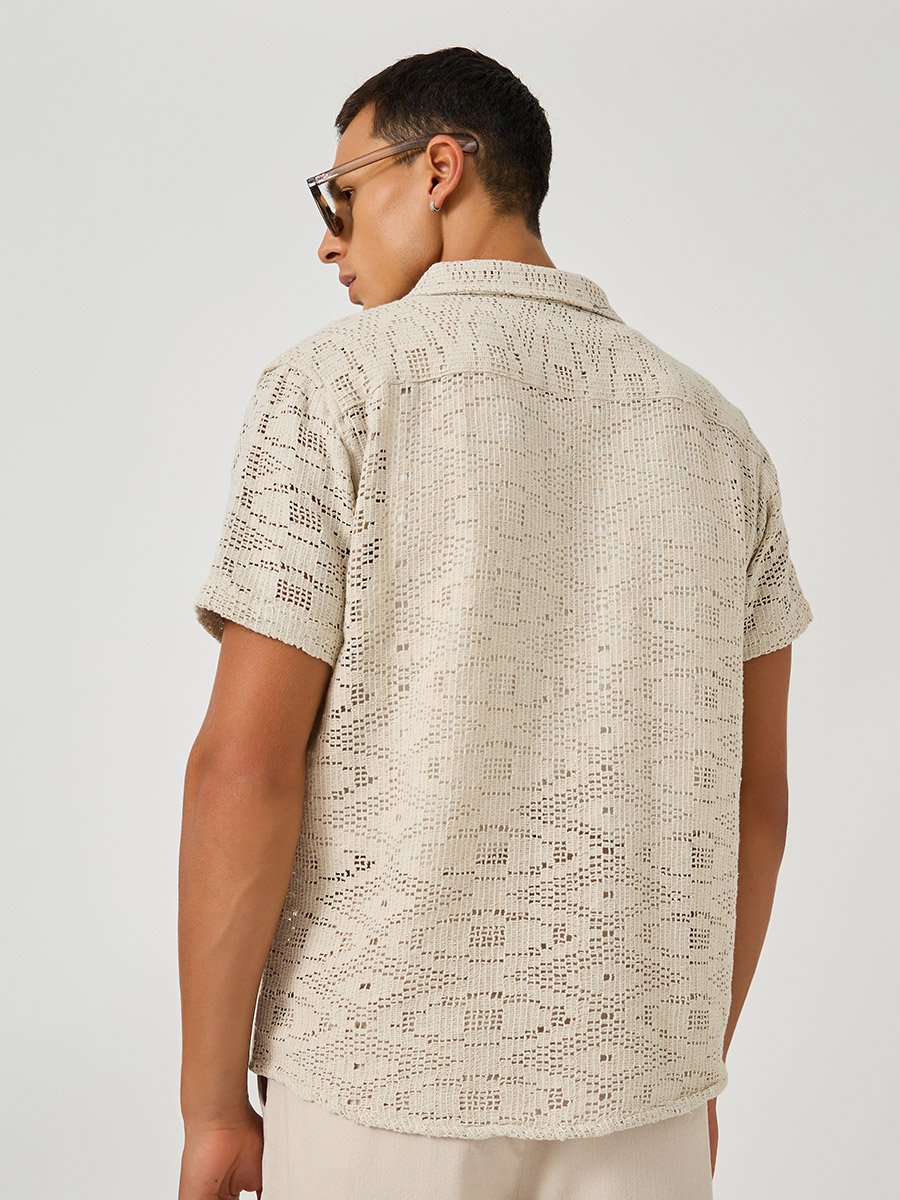 Textured Crochet Regular Fit Spread Collar Shirt