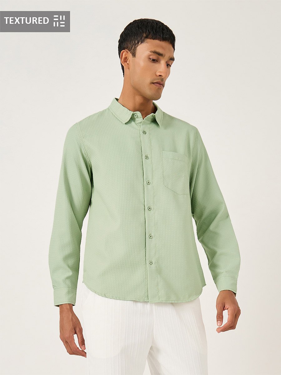 Textured Spread Collar Regular Fit Shirt with Pocket Detail