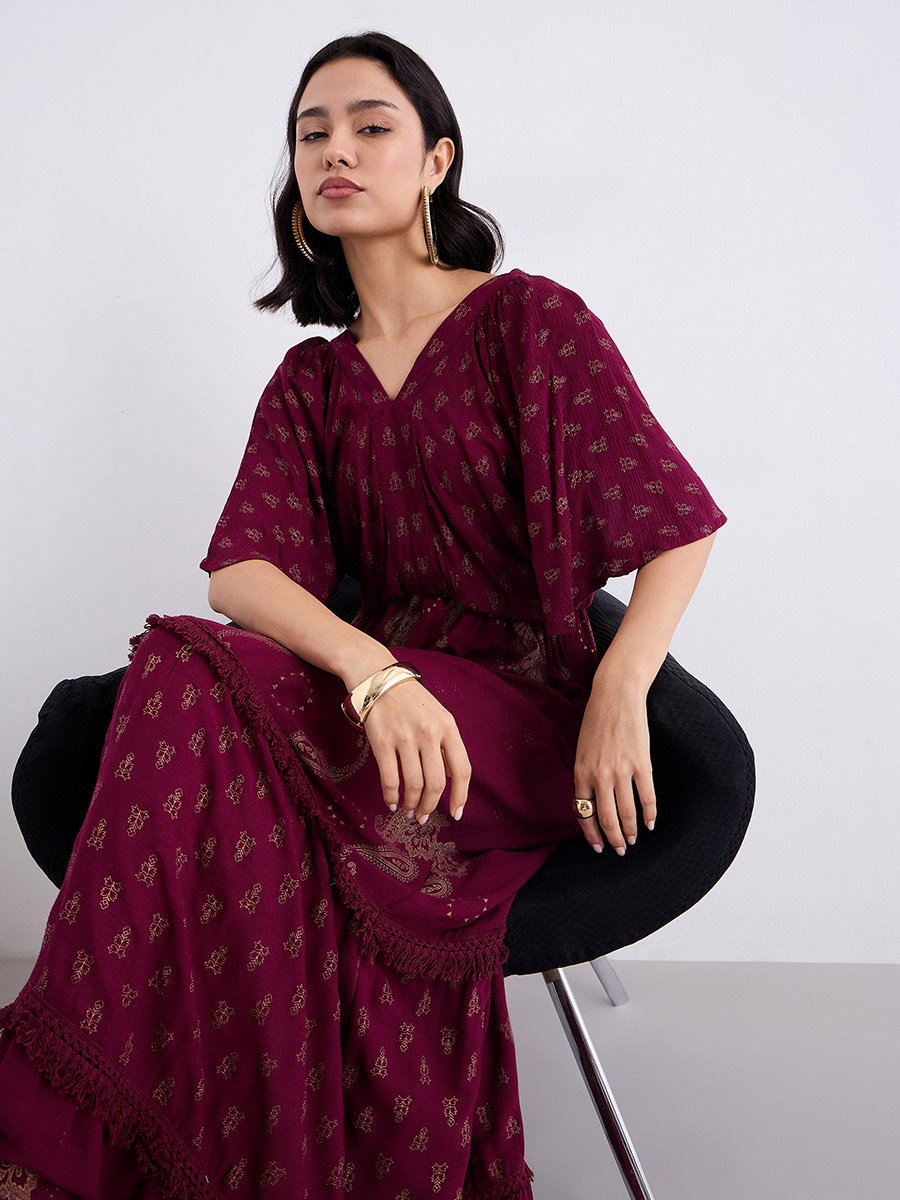 Burgundy Paisley Print Maxi Dress For Women at Kuwait | Styli