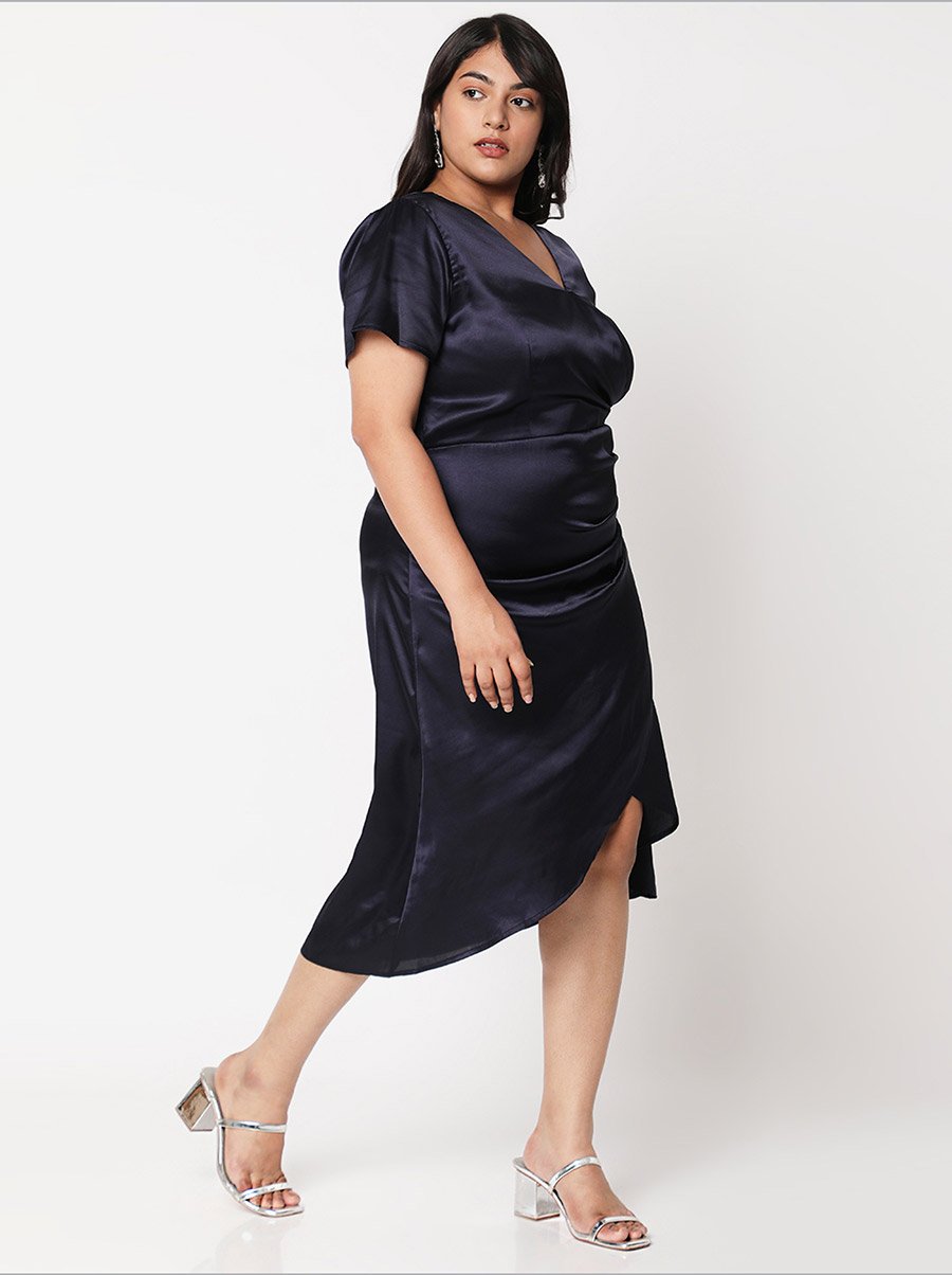 Solid Satin Wrap V-Neck Dress with Pleated Detail