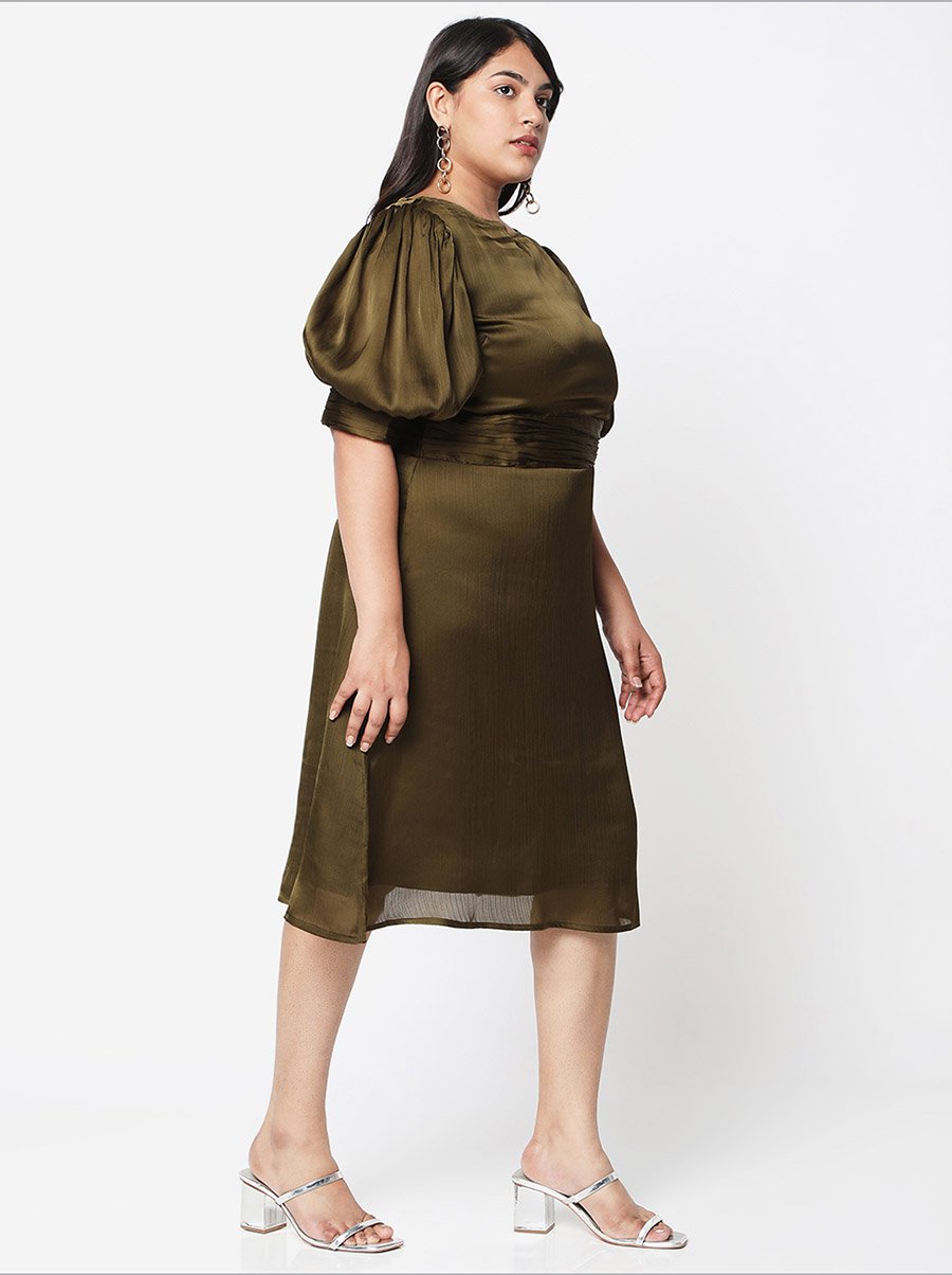 Solid Bishop Sleeve A-Line Dress with Pleated Waist Detail