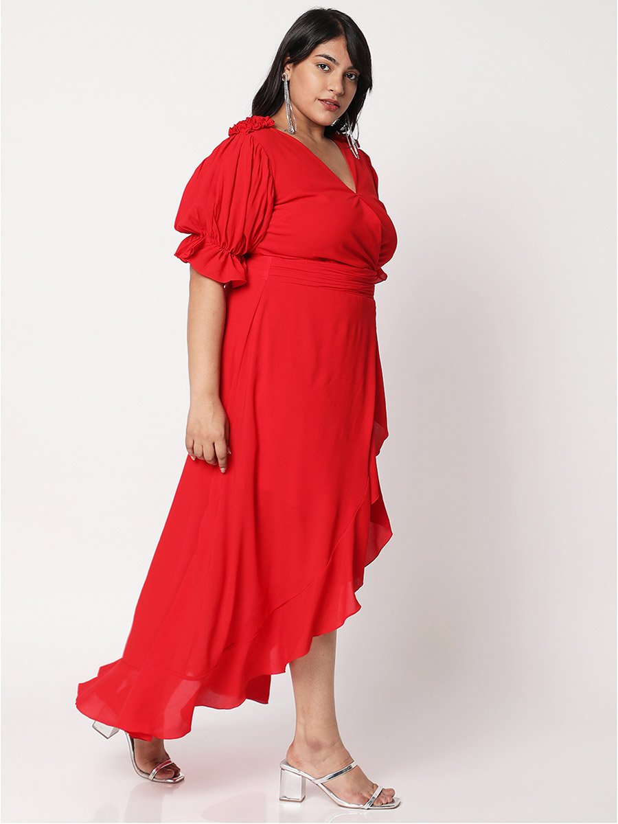 Solid Short Sleeve Wrap Dress with High Low Ruffle Hem