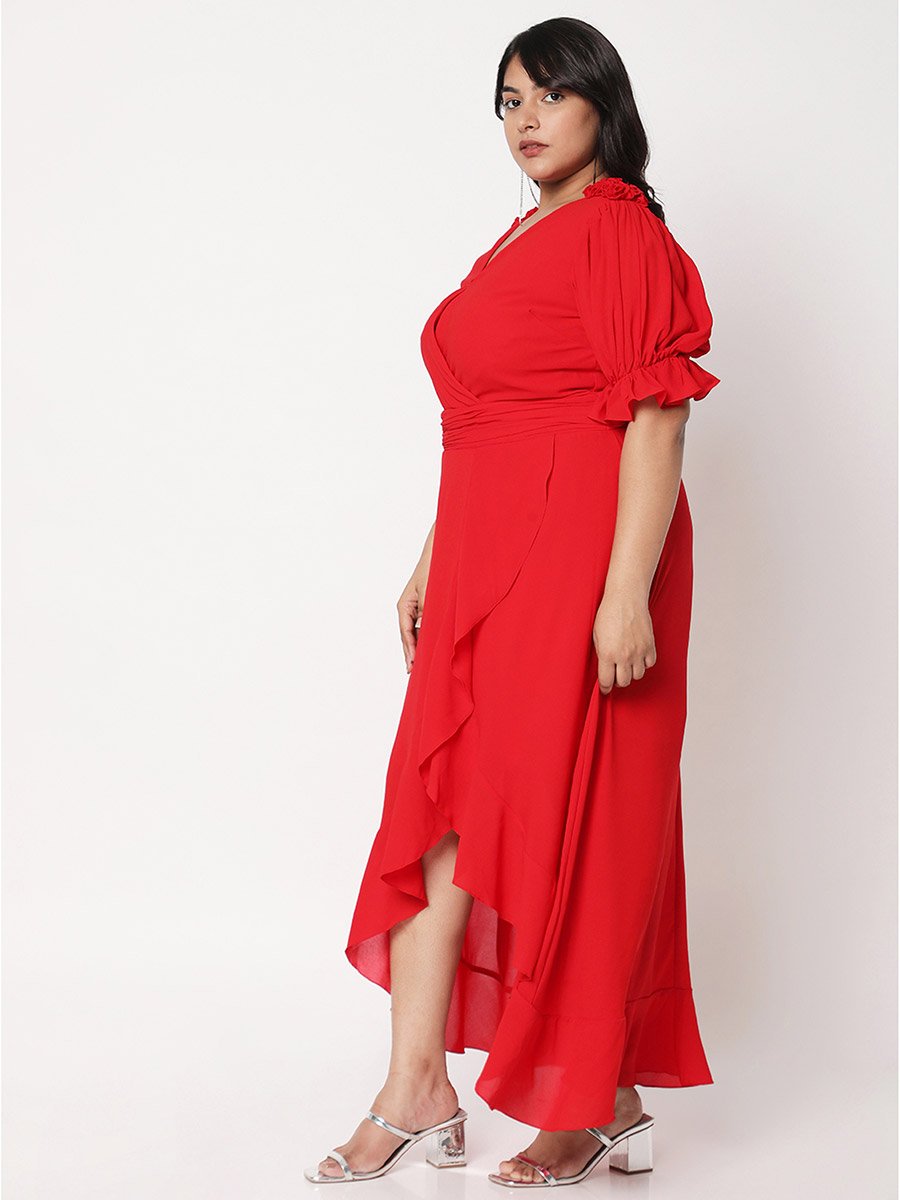 Solid Short Sleeve Wrap Dress with High Low Ruffle Hem