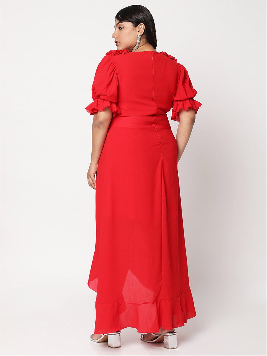 Solid Short Sleeve Wrap Dress with High Low Ruffle Hem